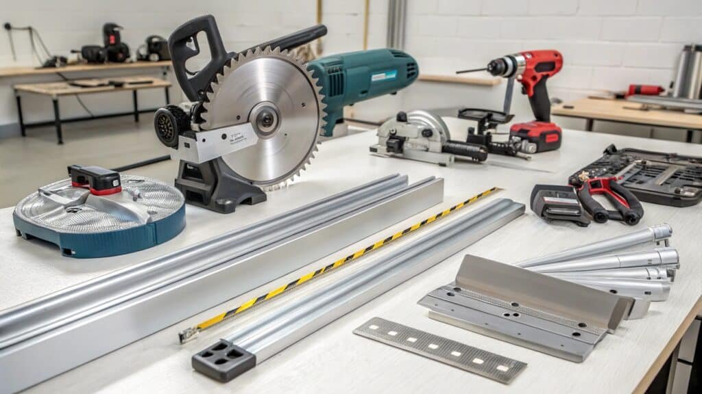 alt with keywords: selection of tools for cutting aluminum - circular saw, jigsaw, band saw blade